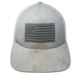 Fox Trucker Hat Gray One Size Mesh Back Snapback Rubber Patch Flag Logo Graphic